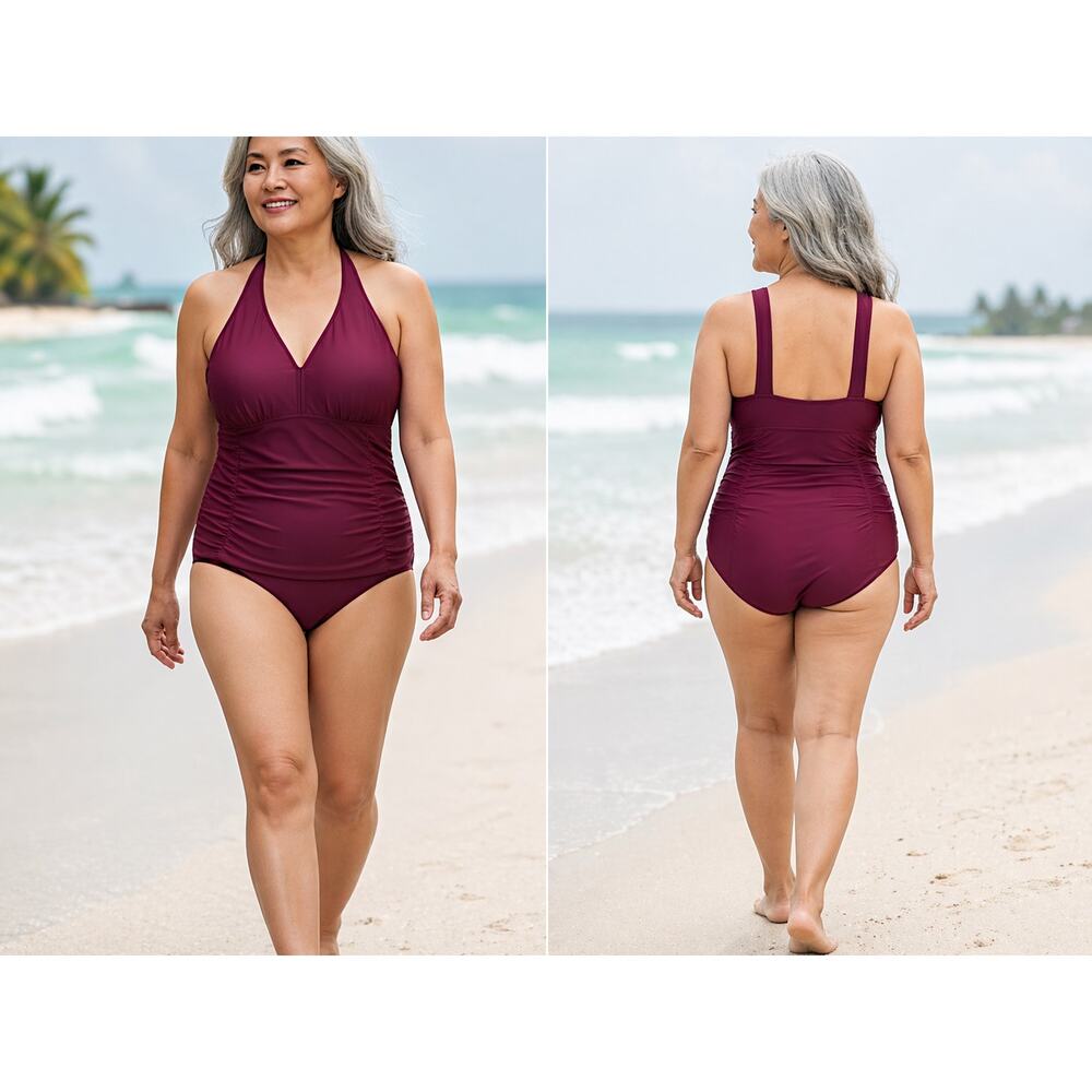 Swimsuit Burgundy One Piece  22W Tummy Control Ruched V Neck - Adjustable Straps